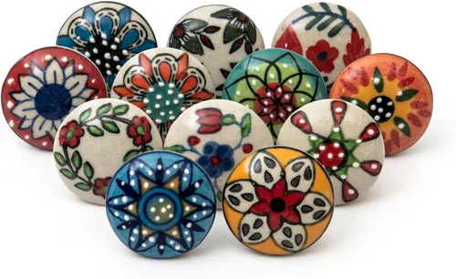 FOLK CRAFT Pomos decorativos para cajones – Paquete de 12 piezas – Manija de puerta de armario de armario con flores hechas a mano para decoración