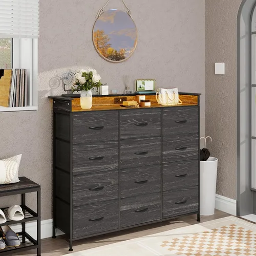 Miniatura 7 de Cómoda negra con luz LED, 12 cajones con estación de carga, cómoda para dormitorio con 12 cajones de tela para dormitorio, pasillo, entrada