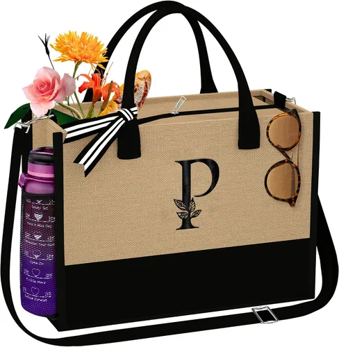 Regalos personalizados Bolsa de mano con monograma para mujer, bolsa de playa grande con monograma P con bolsillos laterales e interiores y