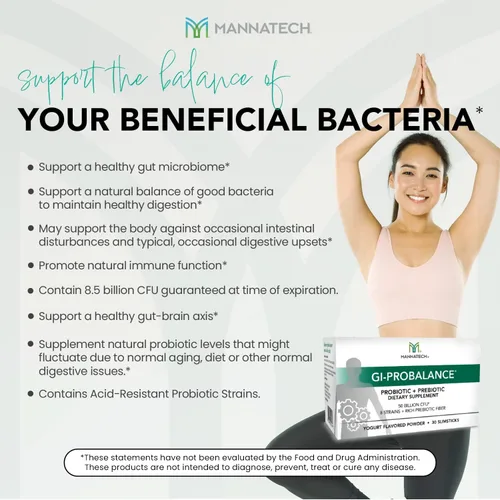 Miniatura 5 de Mannatech Prebióticos y probióticos, 30 slimsticks, sabor a yogur, GI-ProBalance con mezcla MannaBiótica, polvo pre y probióticos para la salud