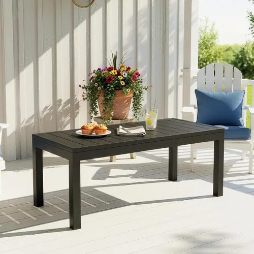 Mesa de café al aire libre de aluminio Wisteria Lane, mesa lateral de patio de metal resistente al agua con parte superior con listones, mesas de
