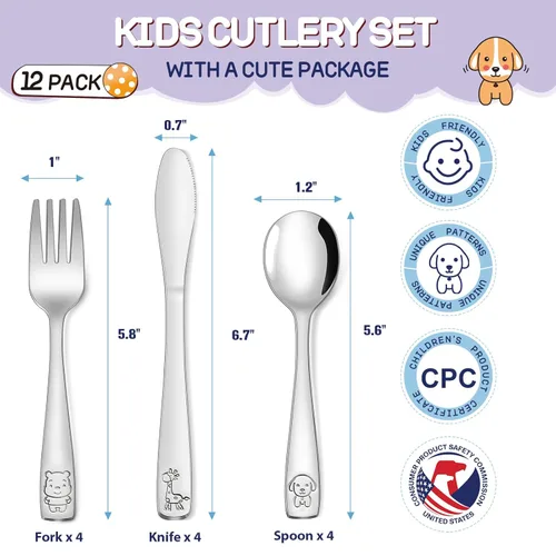 Miniatura 2 de VITEVER Juego de cubiertos de acero inoxidable para niños, 12 piezas, tenedores, cucharas y cuchillos seguros para niños, pulido con espejo, apto