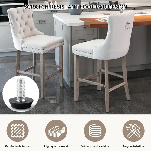 Miniatura 5 de Juego de 2 Sillas de Comedor, Modernos Taburetes de Bar Tapizados de Terciopelo con Decoración de Botones Capitoné y Patas de Madera, Ribete
