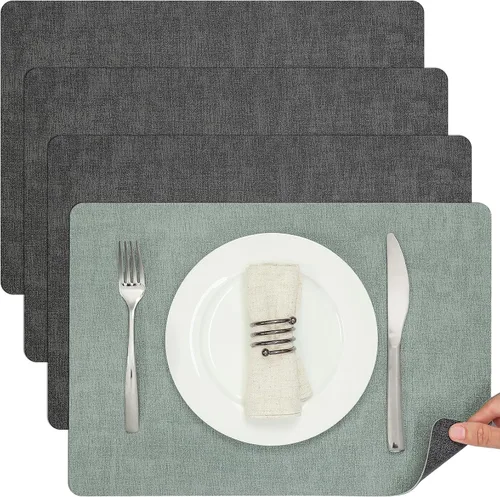 Miniatura 20 de Myir JUN Juego de 6 manteles individuales de doble cara, de piel sintética, para interiores, para mesa de comedor, exteriores, cuadrados, Negro