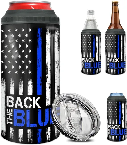 winorax Regalos Policiales Respalda el Azul Bandera Americana Vaso Térmico 4-en-1 Enfriador de Latas Acero Inoxidable 12oz Taza de Viaje Tazas de