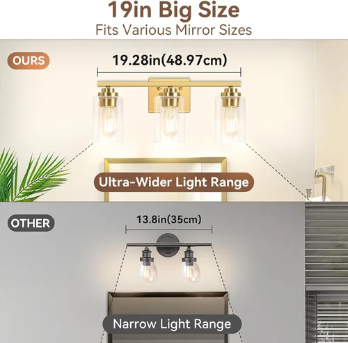 Miniatura 6 de Lámparas de baño de 3 luces, 19 pulgadas, modernas luces de tocador sobre espejo con pantallas de vidrio transparente, accesorio de luz dorada