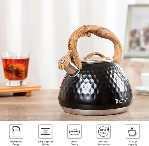 Miniatura 6 de Tetera, Tetera Silbadora Toptier con Mango de Patrón de Madera Silbato Fuerte, Tetera de Acero Inoxidable Grado Alimenticio para Estufas de Negro