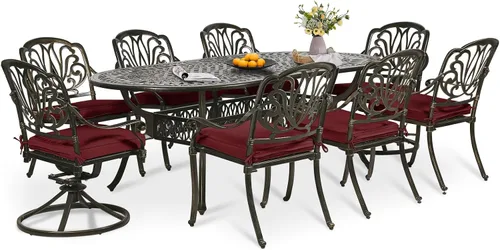 Miniatura 33 de Juego de comedor de patio de 9 piezas, mesa y sillas de patio al aire libre, mesa de comedor ovalada de aluminio fundido de 84 pulgadas con agujero