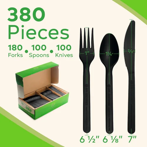 Miniatura 6 de Juego de cubiertos compostables, utensilios compostables a base de plantas, cubiertos compostables aptos para lavavajillas, cubiertos desechables