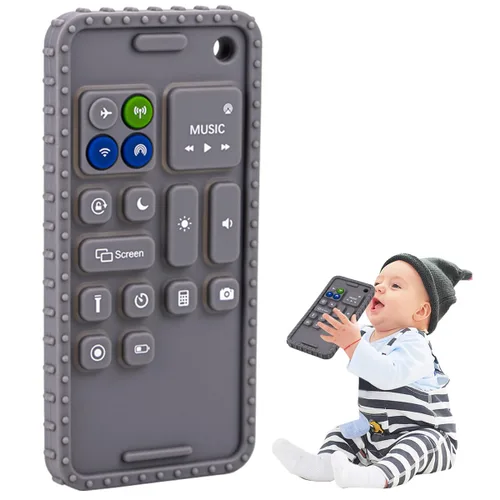 Miniatura 7 de Mordedores de silicona suave para teléfono celular para bebés, juguetes de dentición de 0 a 12 meses, mordedor infantil para lactancia materna Negro