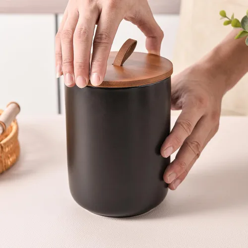 Miniatura 9 de Juego de recipientes de cerámica negra con tapas de bambú, tarros herméticos de almacenamiento de alimentos de 3 piezas para cocina, harina, azúcar