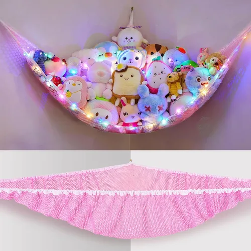 Miniatura 15 de Unicorn Castle Red de animales de peluche o hamaca organizador de almacenamiento de juguetes para niños con luz LED colgante en esquina soporte