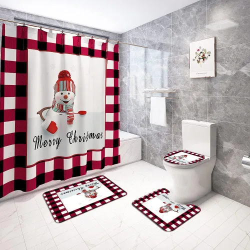 Miniatura 12 de Juego de 4 cortinas de ducha con alfombra antideslizante, cubierta para tapa de inodoro y tapete de baño, cortina de ducha de Papá Noel con 12