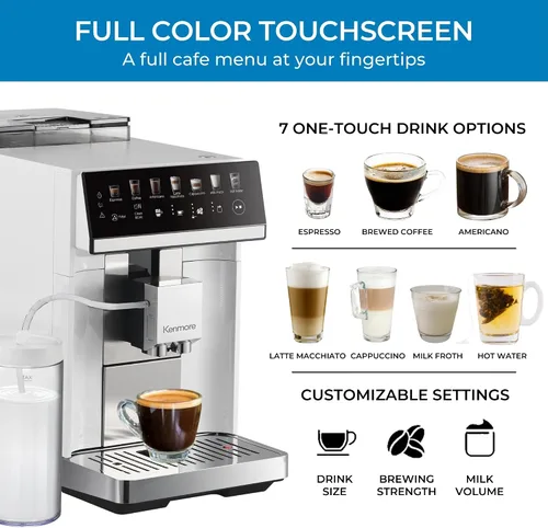 Miniatura 3 de Kenmore Cafetera de Café Completamente Automática - con Molinillo, Espumador de Leche y Vaporizador, Tamper Automático, Máquina de Espresso Blanco