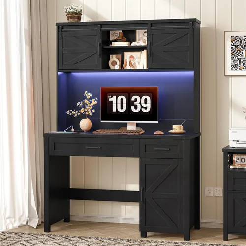 Miniatura 9 de Escritorio ejecutivo de granja de 67 pulgadas de alto con gabinete, mesa de oficina con luz LED y 4 cajones, escritorio para computadora