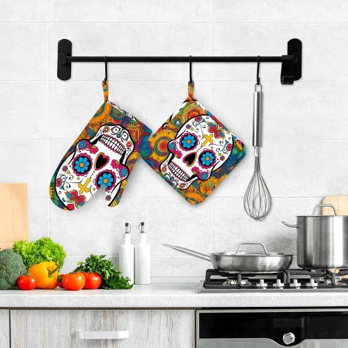 Miniatura 4 de Mxocom Art Floral Sugar Skull - Juego de guantes de silicona para horno y soportes para ollas, guantes de barbacoa para cocina, cocina, hornear