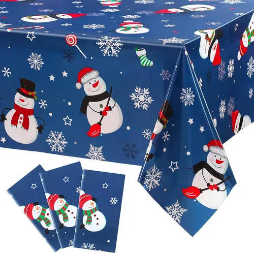 Miniatura 11 de Irenare 1 pieza de mantel de Navidad con muñeco de nieve de invierno, cubierta de mesa de muñeco de nieve de plástico desechable con copo de nieve