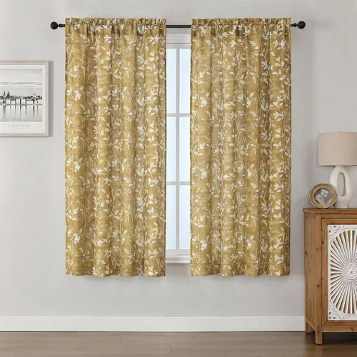 Miniatura 32 de Chyhomenyc Cortinas de mezcla de lino de 63 pulgadas de largo, 2 paneles de cortina con estampado floral filtrante de luz para sala de estar