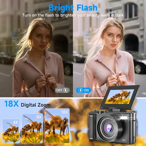 Miniatura 5 de Cámara digital 5K Vlogging para principiantes, cámara de viaje de 80 MP para fotografía con tarjeta de 32 GB, cámara compacta portátil con zoom