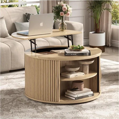 Miniatura 13 de Mesa de centro elevable con almacenamiento, mesa de centro moderna de mediados de siglo con patas de madera maciza, mesa central minimalista Roble
