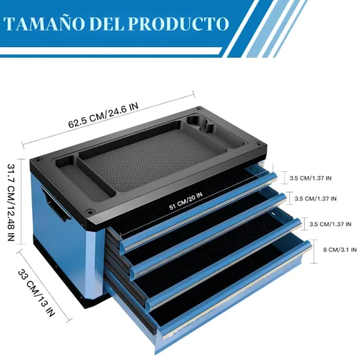 Miniatura 2 de Caja de herramientas de 4 cajones con cerradura y llaves, caja de herramientas portátil con encimera multifuncional, con forro de cajón y orificios
