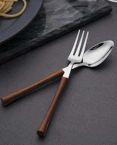Miniatura 5 de Juego de cubiertos con mango de madera sintética para 4, vajilla de acero inoxidable de grado alimenticio, juego de vajilla de 20 piezas