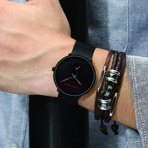 Miniatura 2 de HANNAH MARTIN Reloj de pulsera ultrafino negro para hombre, vestido impermeable de moda, correa de acero inoxidable