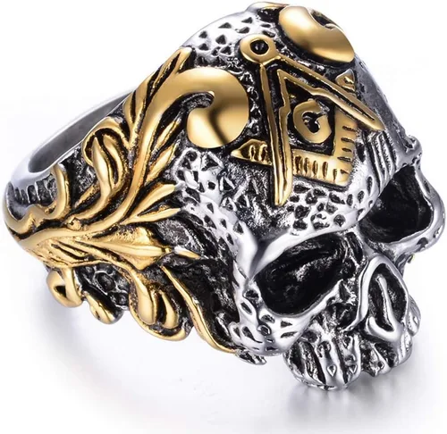 Anillo de motociclista masónico vintage con calavera gótica de acero inoxidable, Metal, circonita