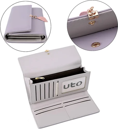 Miniatura 91 de UTO - Cartera pequeña RFID de piel sintética con dije de hoja, cierre de cremallera y tarjetero.