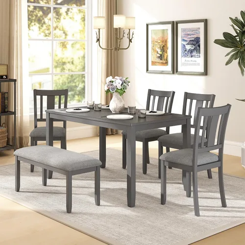 Miniatura 9 de Zevemomo Juego de mesa de comedor de madera maciza de 6 piezas, incluye 1 mesa de comedor, 4 sillas tapizadas y 1 banco, juego de mesa de comedor