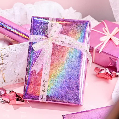 Miniatura 2 de Homeral Rollo de papel de regalo rosa holográfico con galaxia rosa brillante para cumpleaños, baby shower, despedida de soltera, boda, día