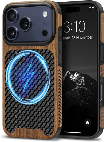 Miniatura 33 de TENDLIN Compatible con iPhone 17 Pro Max Funda de madera con textura de fibra de carbono Diseño de cuero híbrido delgado (negro)