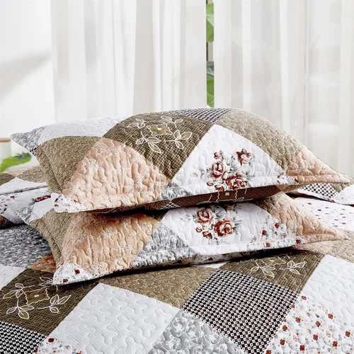 Miniatura 5 de Dinjoy Juego de edredón floral a cuadros de retazos tamaño California King, juego de ropa de cama reversible marrón de microfibra suave, colcha