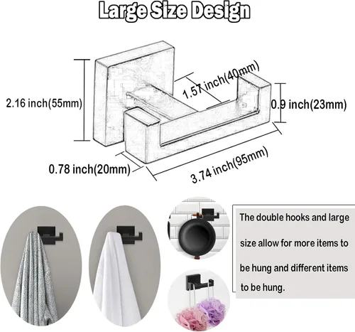 Miniatura 5 de BOZWELL Ganchos dobles para toallas para baño, montaje en pared, color negro mate, estilo cuadrado simple y moderno, gancho para bata, colgador
