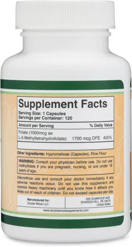 Miniatura 3 de Metilfolato 1,000 mcg, 120 cápsulas (suplemento de folato de metilo probado por terceros) El folato metilado es una forma más activa de folato que