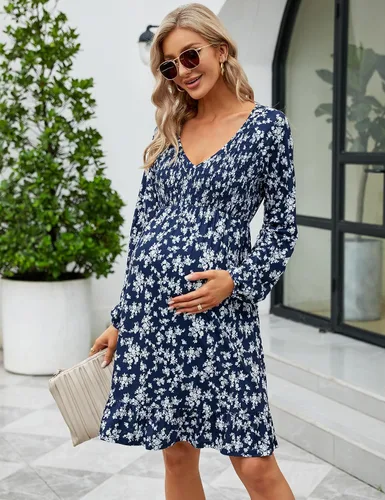 Miniatura 4 de Coolmee Vestido de maternidad de manga corta con volantes y cuello en V para mujer, vestido de verano casual fruncido fluido para baby shower