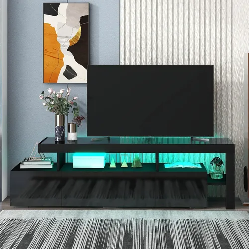 Miniatura 22 de Soporte de TV versátil de alto brillo con luces LED que cambian de color y 2 estantes de vidrio templado, centro de entretenimiento para televisores