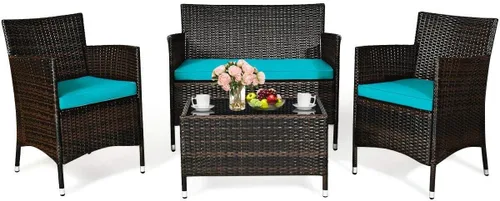 Miniatura 9 de HAPPYGRILL Juego de sofá de patio de 4 piezas, muebles de mimbre de ratán, juego de conversación con sofá acolchado y mesa auxiliar para patio al