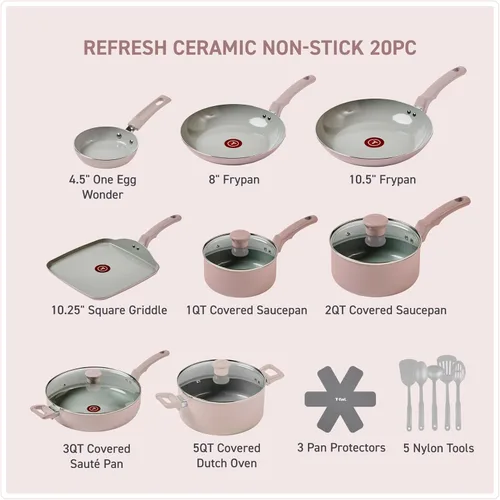Miniatura 2 de T-Fal Refresh - Juego de ollas y sartenes de cerámica, utensilios de cocina antiadherentes, 20 piezas, aptos para horno hasta 350 °F, juego de Rosa