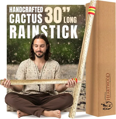 Africa Heartwood Project Palo de lluvia de cactus de 30 pulgadas de Chile, auténtico instrumento musical hecho a mano con envoltura de hilo Rasta y