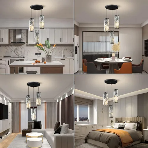 Miniatura 5 de LMQNINE Lámpara colgante de 3 luces negras modernas, mini candelabros de cristal, lámpara colgante ajustable para cocina, isla, comedor, dormitorio