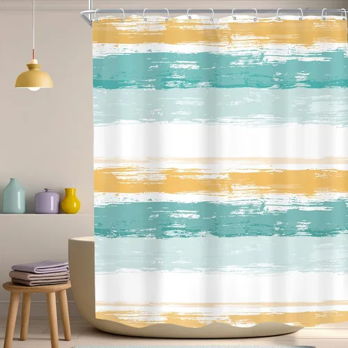 Miniatura 14 de KOMLLEX Cortina de ducha abstracta azul para decoración de baño, 72 pulgadas de ancho x 72 pulgadas de alto, moderna, a rayas blancas y grises