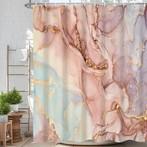 Miniatura 67 de Cortina de ducha abstracta de mármol negro gris y dorado con grietas, cortina de baño moderna ombre impresa, cortina impermeable y lavable de tela