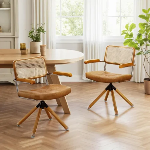 Miniatura 12 de Zouron Silla de escritorio moderna de mediados de siglo, silla de oficina de piel sintética sin ruedas, sillón giratorio con respaldo de ratán