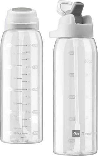 Miniatura 10 de Botella de agua deportiva de 30 onzas con marcadores de tiempo, botella grande y duradera de plástico para gimnasio, Tritan sin BPA, transparente