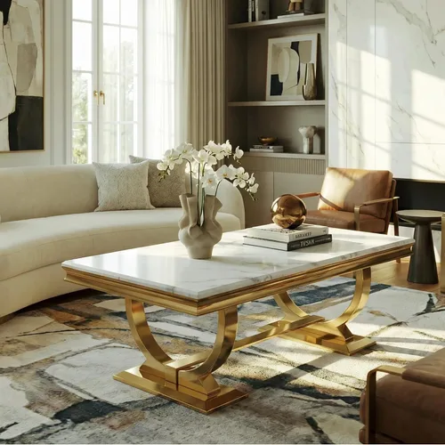 Miniatura 3 de Asday Mesa de centro dorada y blanca, mesa de centro rectangular de mármol dorado, mesa central elegante de lujo para sala de estar, pasillo