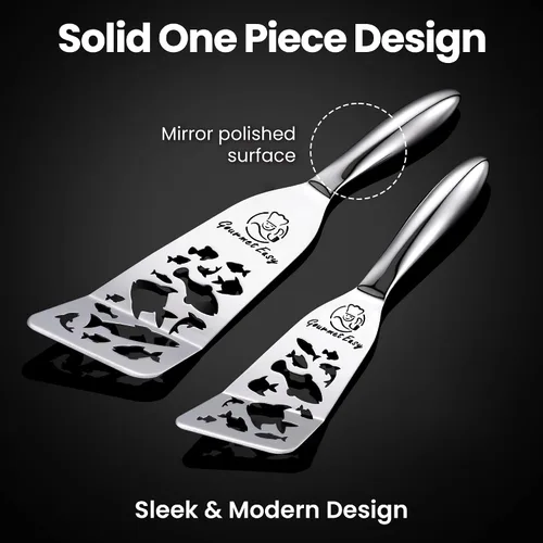 Miniatura 5 de Juego de espátulas de pescado de acero inoxidable – Edición Funky Fish, 1 espátula grande para pescado + 1 espátula pequeña de metal, borde