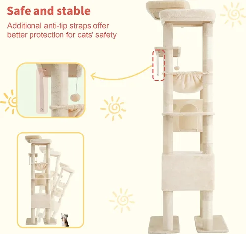 Miniatura 7 de Hey-brother Torre de árbol alto para gatos, postes rascadores resistentes con plataformas grandes, condominios acogedores, hamaca grande, bolas