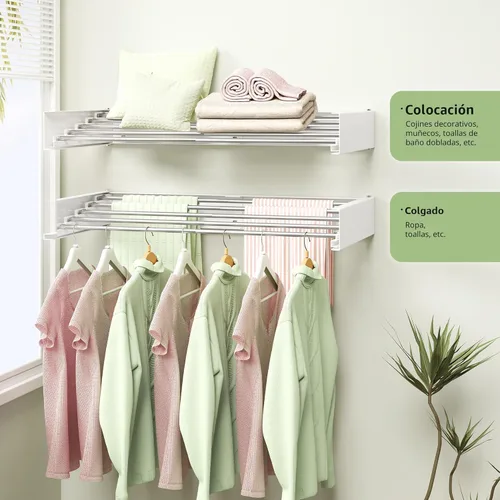 Miniatura 6 de BOQORAD Tendedero de ropa montado en la pared de 32 pulgadas, estante de secado para ropa de pared, estante de secado de lavandería, estante Blanco