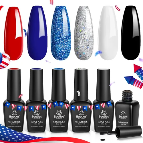 Beetles - Juego de esmaltes de uñas de gel para el 4 de julio, 6 colores rojo, blanco, azul marino, con esmalte de gel de purpurina plateada, se